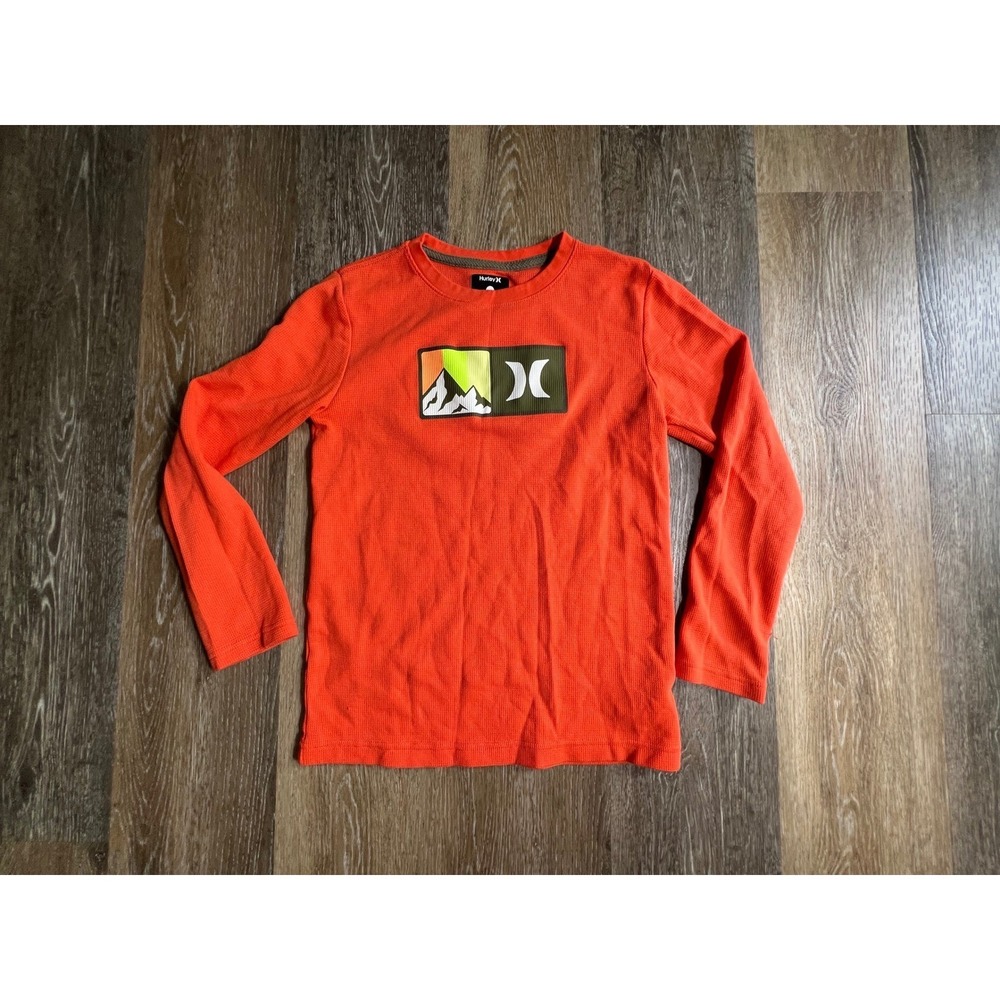 Hurley Thermal Shirt Kids 14/16 Orange Good Waffle Knit Graphic‎ Long Sleeve